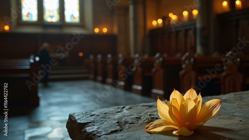 Serene Golden Flower on Ancient Church Altar, Moonlit Sanctuary, Ethereal Candlelight, Velvety Petals, Stillness, Reverence, Sacred Space photo