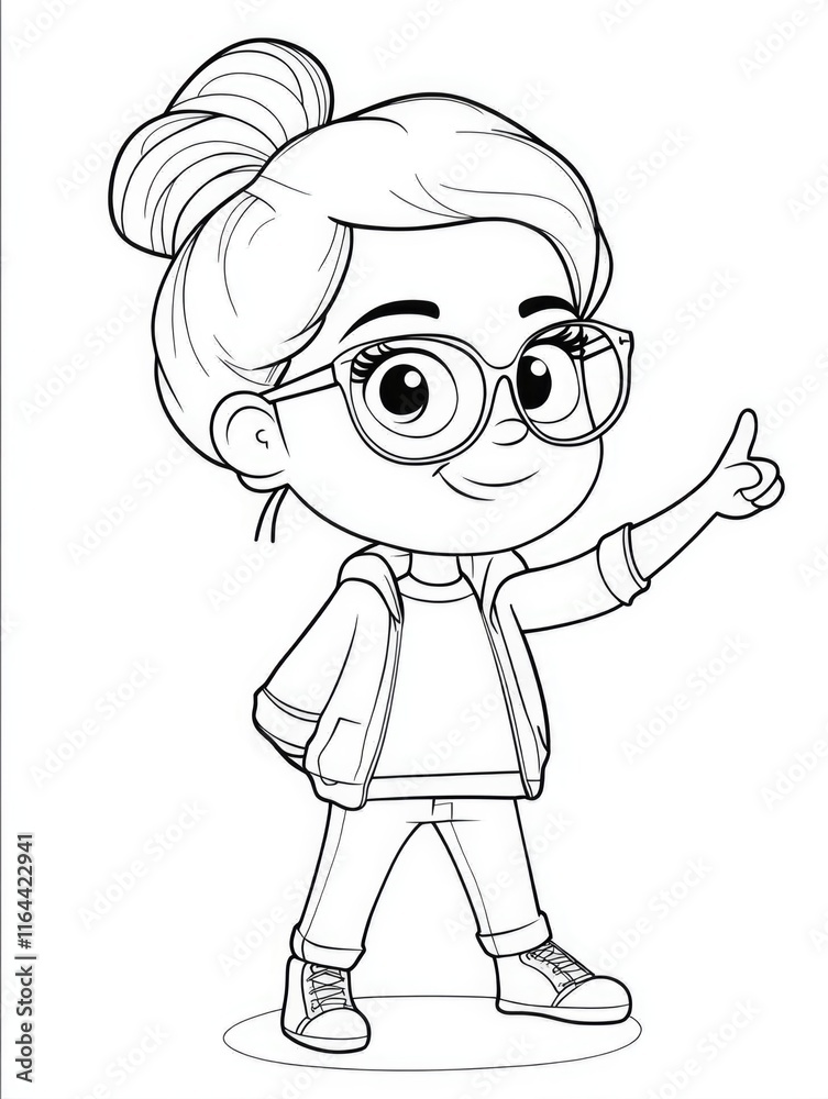 A vibrant cartoon of a young modern girl wearing glasses, with a confident stance and pointing gesture. She wears casual clothes and a playful, upbeat expression. A vibrant cartoon of a young modern girl wearing glasses, with a confident stance and pointing gesture. She wears casual clothes and a playful, upbeat expression.