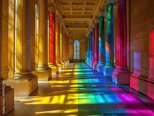 Heavenly prism display divine rainbow hall colorful light show classical architecture interior view ethereal experience photo