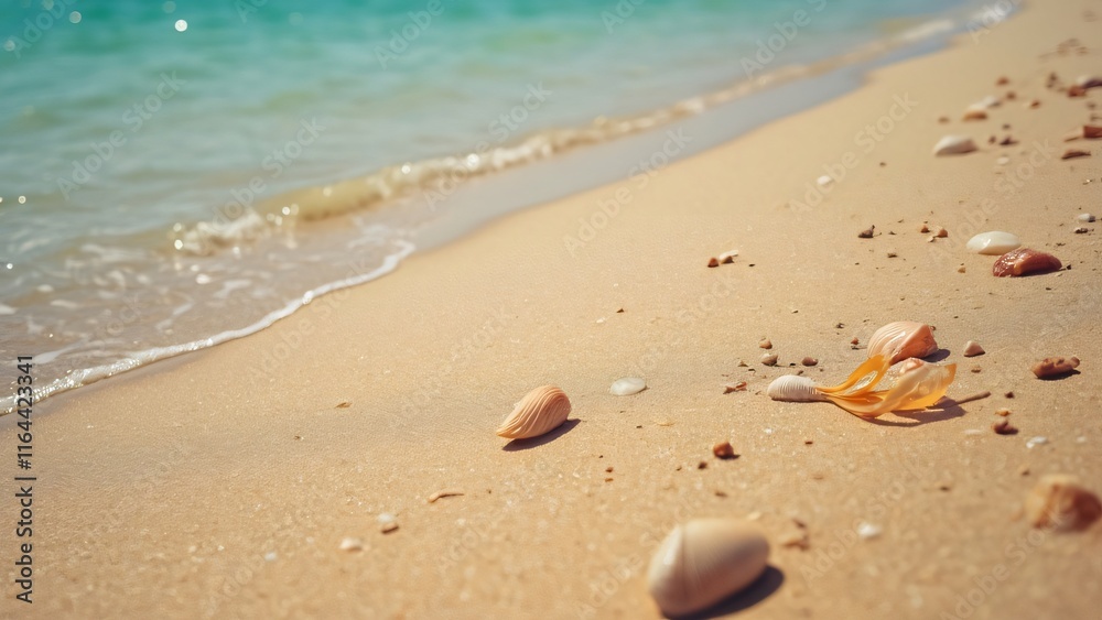 Serene Summer Beach Scene, Warm Beige Sand, Turquoise Water, Seashells, and Pebbles Serene Summer Beach Scene, Warm Beige Sand, Turquoise Water, Seashells, and Pebbles