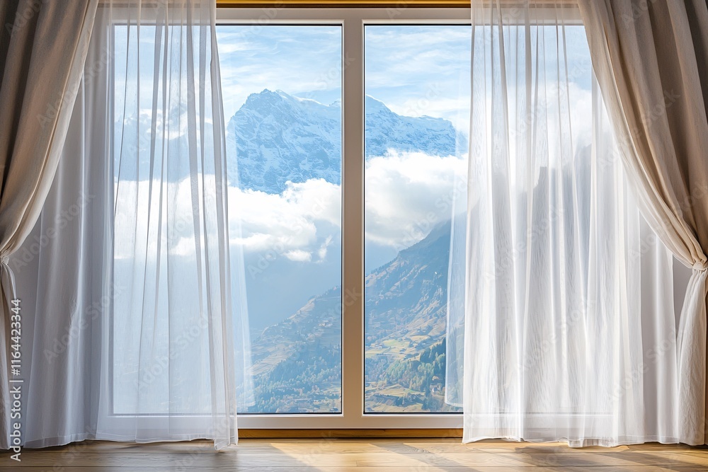 Fototapeta premium Mountain View Through Sheer Curtains in a Cozy Room