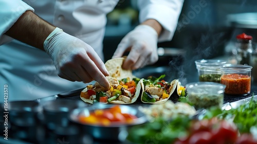 Chef preparing delicious chicken tacos with fresh vegetables