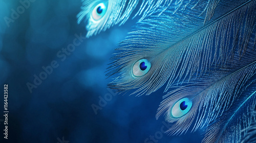 Vibrant peacock feathers displayed against a blue backdrop showcasing intricate details photo