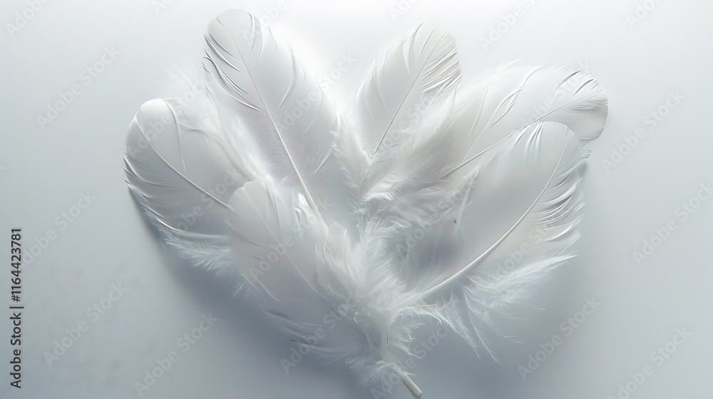 Obraz premium A heart-shaped arrangement of translucent white feathers against a white background.