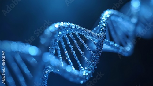 Stunning Close-up of a Crystalline DNA Double Helix, Blue Science Background, Genetic Code, Molecular Structure, Abstract 3D Render