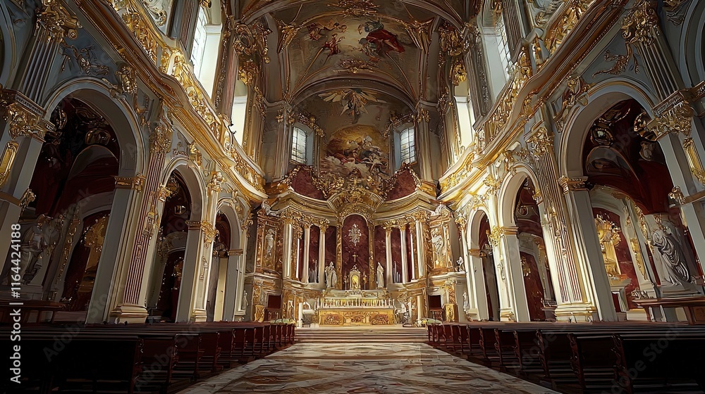 Fototapeta premium An intricately detailed view of an ornate church interior, featuring grand arches, elaborate gold accents, and stunning frescoes on the ceiling. The light filters through beautifully designed windows,
