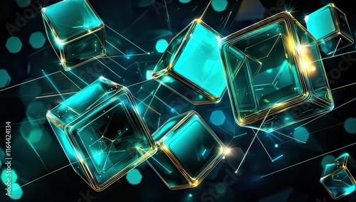 Obraz na płótnie Glowing holographic cubes in teal and gold held together by radiant virtual lines w salonie