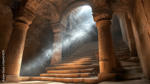 Engaging sacred meditation chamber of heaven incense smoke art ornate pillars ethereal light