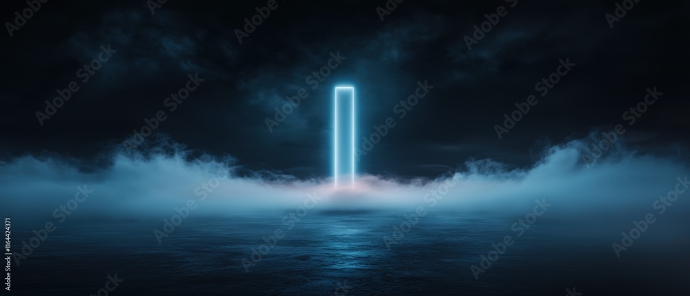 Obraz premium A glowing blue object is in the middle of a foggy, misty landscape