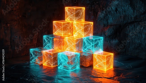 Obraz na płótnie Glowing orange and cyan cubes with interconnected digital streams stacking into a pyramid w salonie