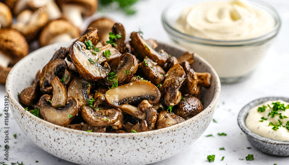 Garlic roasted mushrooms with herbs in a bowl Garlic roasted mushrooms with herbs in a bowl