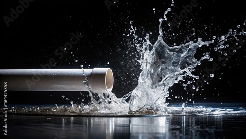 High-pressure water forcefully exiting a pipe creating a dramatic splash photo