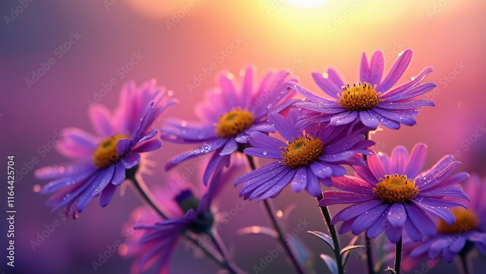Fototapeta premium Vibrant Purple Daisy Flowers at Sunset, Dew Drops on Petals, Close-up Macro Photography of Blooming Flowers in Soft Golden Light
