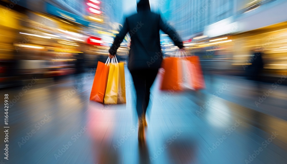 Naklejka premium A blurred image of a person walking with shopping bags in a bustling city, conveying a sense of urgency and urban lifestyle.