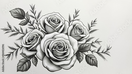Monochromatic Rose Bouquet, Elegant Hand-Drawn Roses & Leaves on Snowy Background - Minimalist Floral Art Print