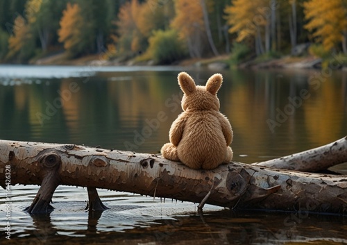 Lonely brown teddy bear hugs fluffy stuffed toy bunny sitting on fallen birch tree trunk near tranquil river on autumn day backside view