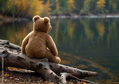 Lonely brown teddy bear hugs fluffy stuffed toy bunny sitting on fallen birch tree trunk near tranquil river on autumn day backside view