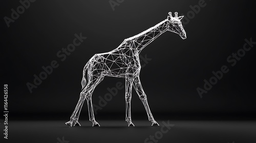 Wireframe Giraffe 3D Render: Elegant Digital Artwork on Dark Background AI Generated photo