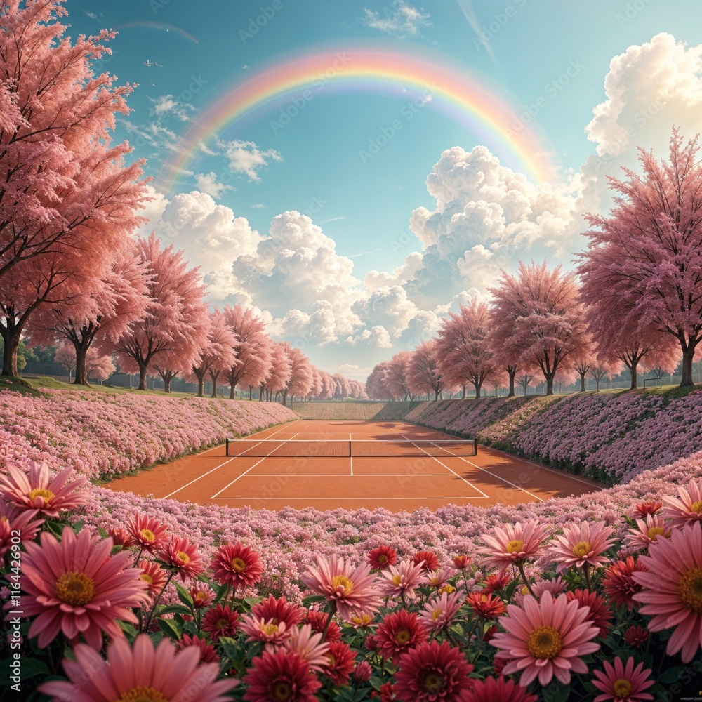 Valentine Tennis Paradise. A clay tennis court surrounded by pink flowers and cherry blossoms under a rainbow.