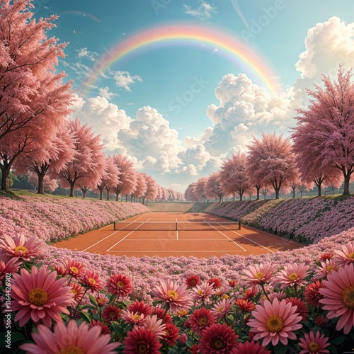 Obraz na płótnie Valentine Tennis Paradise. A clay tennis court surrounded by pink flowers and cherry blossoms under a rainbow. w salonie