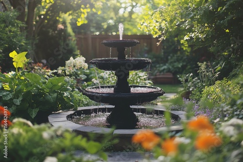 Lush garden fountain surrounded by vibrant flowers in serene indoor setting