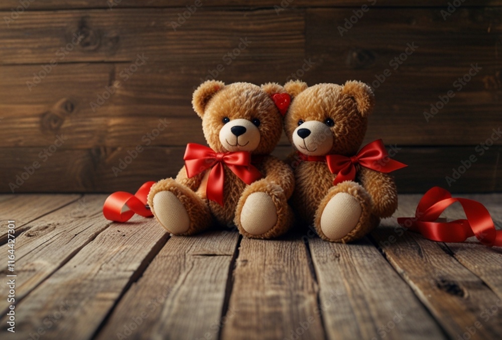 Obraz premium Toy soft bear with red roses for Valentine's theme with red heart