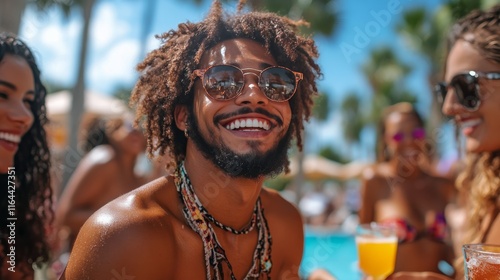 Smiling woman in sunglasses enjoys tropical drinks at summer party with frien...