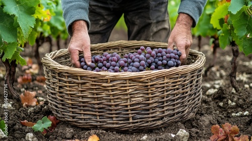 Hands harvesting grapes from a vineyard in autumn during grape picking season