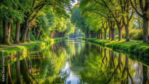 Serene Canal Pathway Lined with Lush Green Trees Reflecting in Still Water