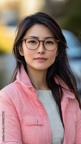 Portrait of a young woman with long hair and glasses outdoors on an overcast day