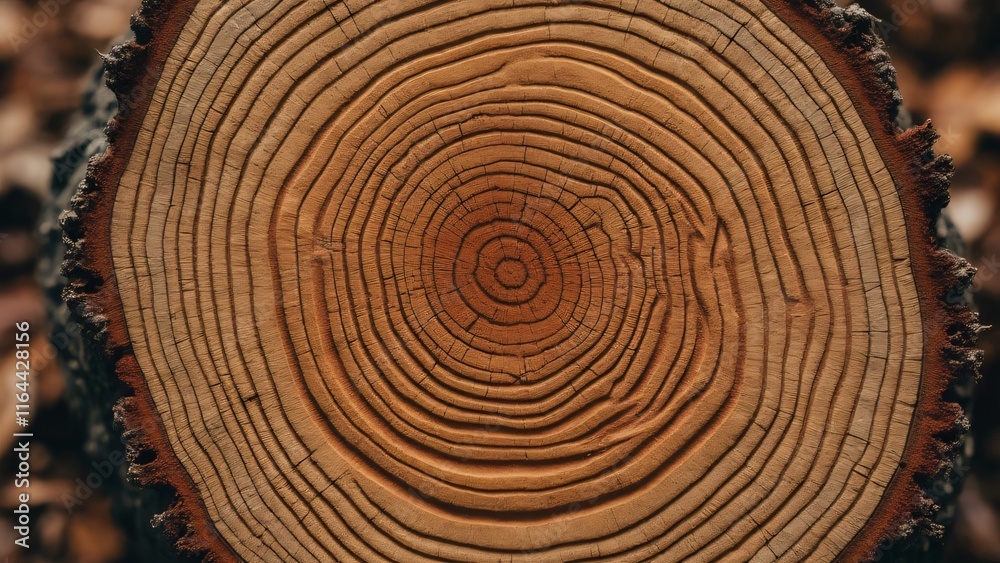 Fototapeta premium Detailed Close-up of Tree Rings, Natural Wood Texture, Circular Pattern, Brown Wood Grain, Cross Section of Tree Trunk, Aged Timber Background