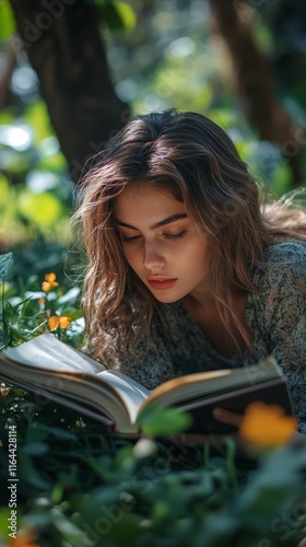 Young woman enjoys reading a book in a lush green garden surrounded by flower...