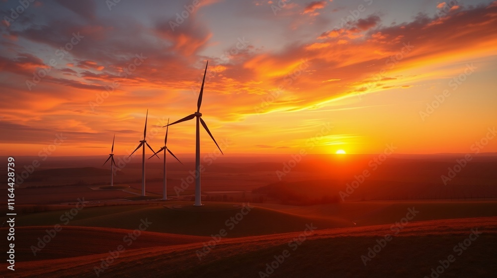 Breathtaking Sunset Over Wind Farm with Turbines Against Vibrant Sky Breathtaking Sunset Over Wind Farm with Turbines Against Vibrant Sky