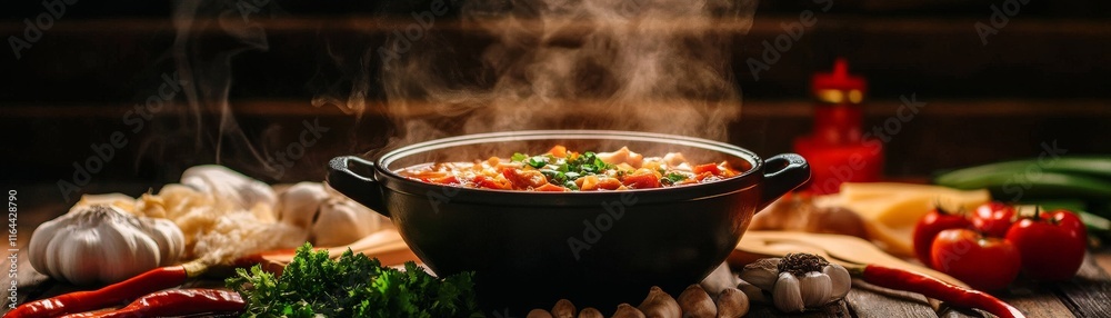 Fototapeta premium A freshly prepared dish simmering in a pot, surrounded by vibrant vegetables and herbs, releasing mouthwatering steam.