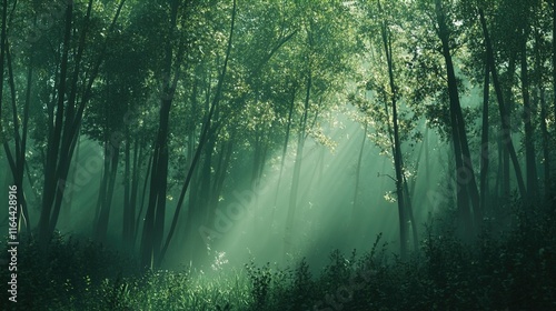 Lush green forest with tall trees illuminated by soft rays of sunlight filtering through the dense foliage, creating a serene and mystical atmosphere with deep shadows and vibrant shades of green, enc photo