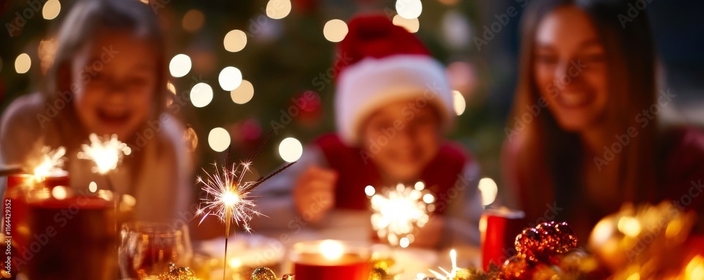 Naklejka premium A joyful holiday gathering with children and adults celebrating with sparklers and festive decorations.