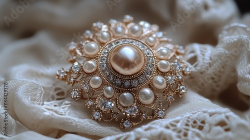 Elegant gold flower brooch with pearl accents on soft lace fabric