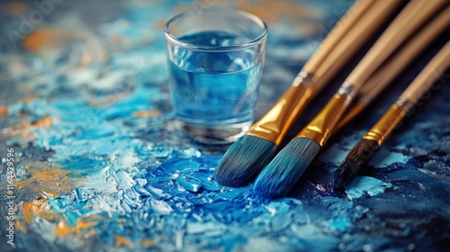 Artistic workspace with paintbrushes and blue water
