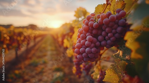 Sunset over vineyard with ripe grapes ready for harvest in autumn season