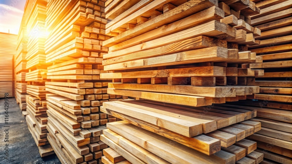 Golden Hour Lumber Stack  Neatly organized rows of freshly cut lumber bathed in sunlight, showcasing the natural beauty of wood