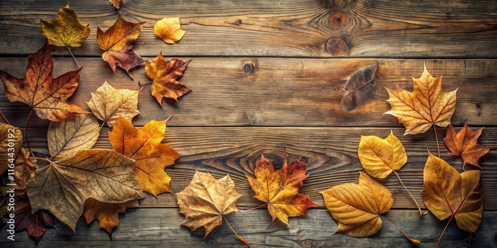Fototapeta premium Autumnal foliage arranged on rustic wood background, perfect for seasonal designs and fall themed projects.