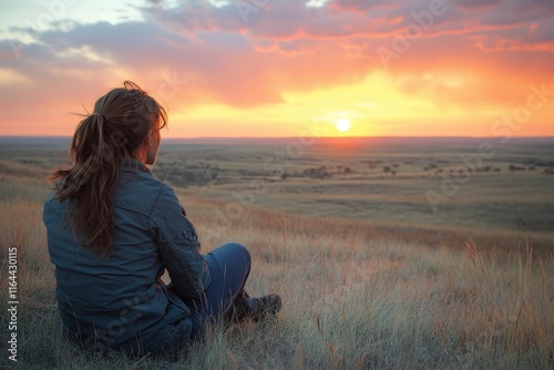 Scenic sunset view from a hilltop overlooking vast grasslands with a traveler...