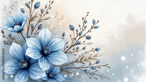Dramatic Watercolor Vector Winter Bouquet, Dusty Blue Flowers, Snow-Kissed Branches, Ethereal Glow