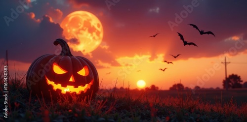 Jack-o'-lantern's eerie glow, bats against sunset Grassy field , fantasy, orange, graphic photo