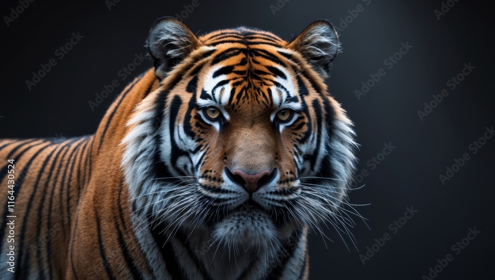 Fototapeta premium Majestic tiger intensifies gaze in a dark backdrop showcasing its striking fur and fierce expression.
