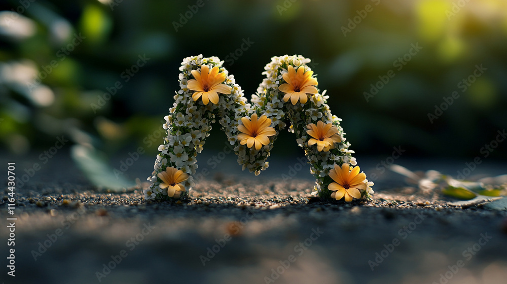 Floral letter M design created with vibrant flowers and greenery in natural light Floral letter M design created with vibrant flowers and greenery in natural light