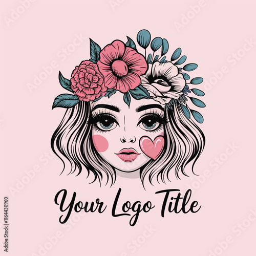 hand drawn beautiful woman face with floral vintage style logo design, floral woman face illustration