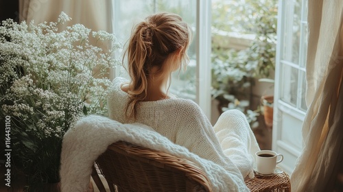 Relaxing morning indoors with plants and coffee in a cozy chair