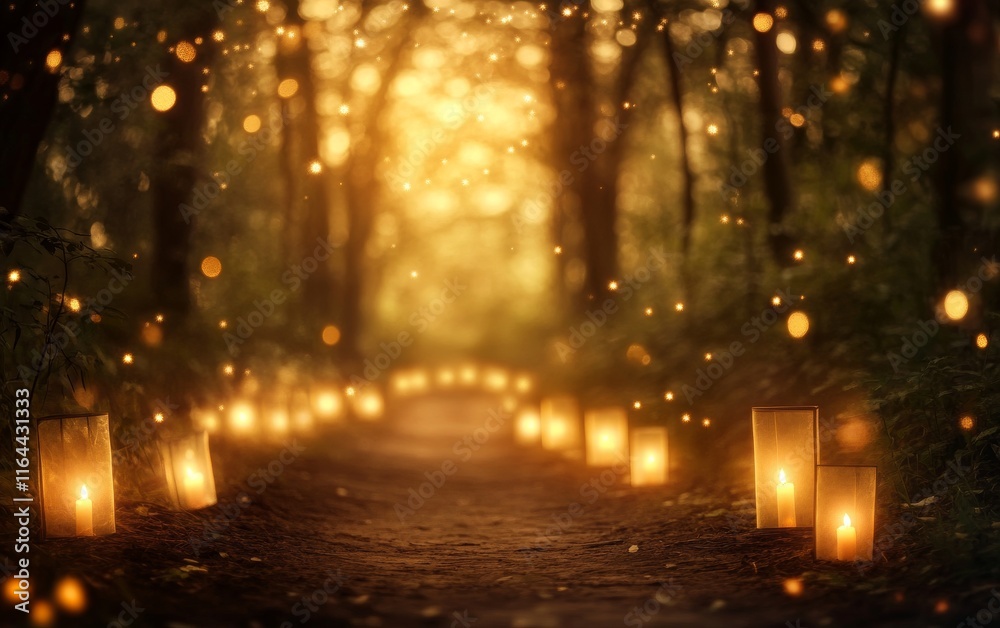A serene forest path illuminated by glowing lanterns, creating a magical atmosphere filled with soft light and warmth.