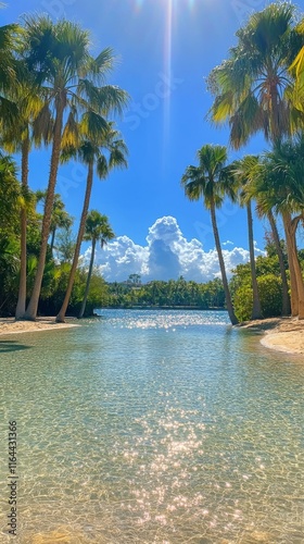 Crystal clear water and palm trees on a serene beach in a tropical paradise u...